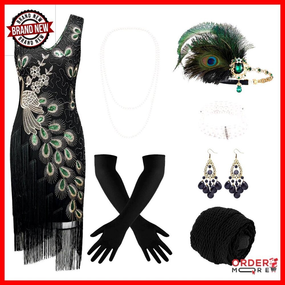 Vintage 1920s Flapper Dress Set with Accessories, Gatsby Style, Sequins Fringe